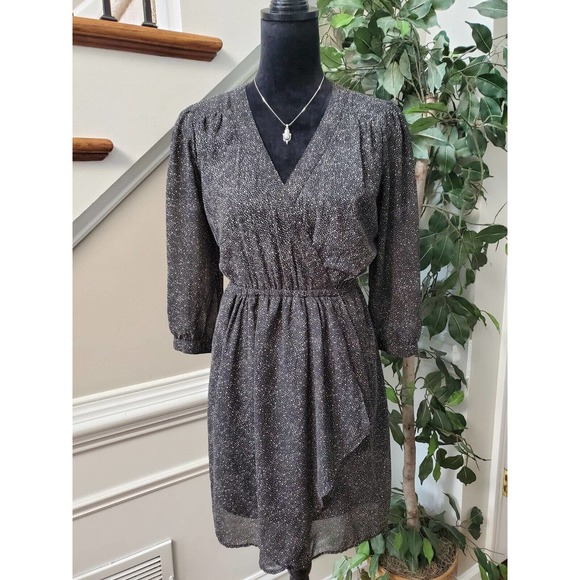 Charming Charlie Women's Black Polyester V-Neck Long Sleeve Knee Length Dress M